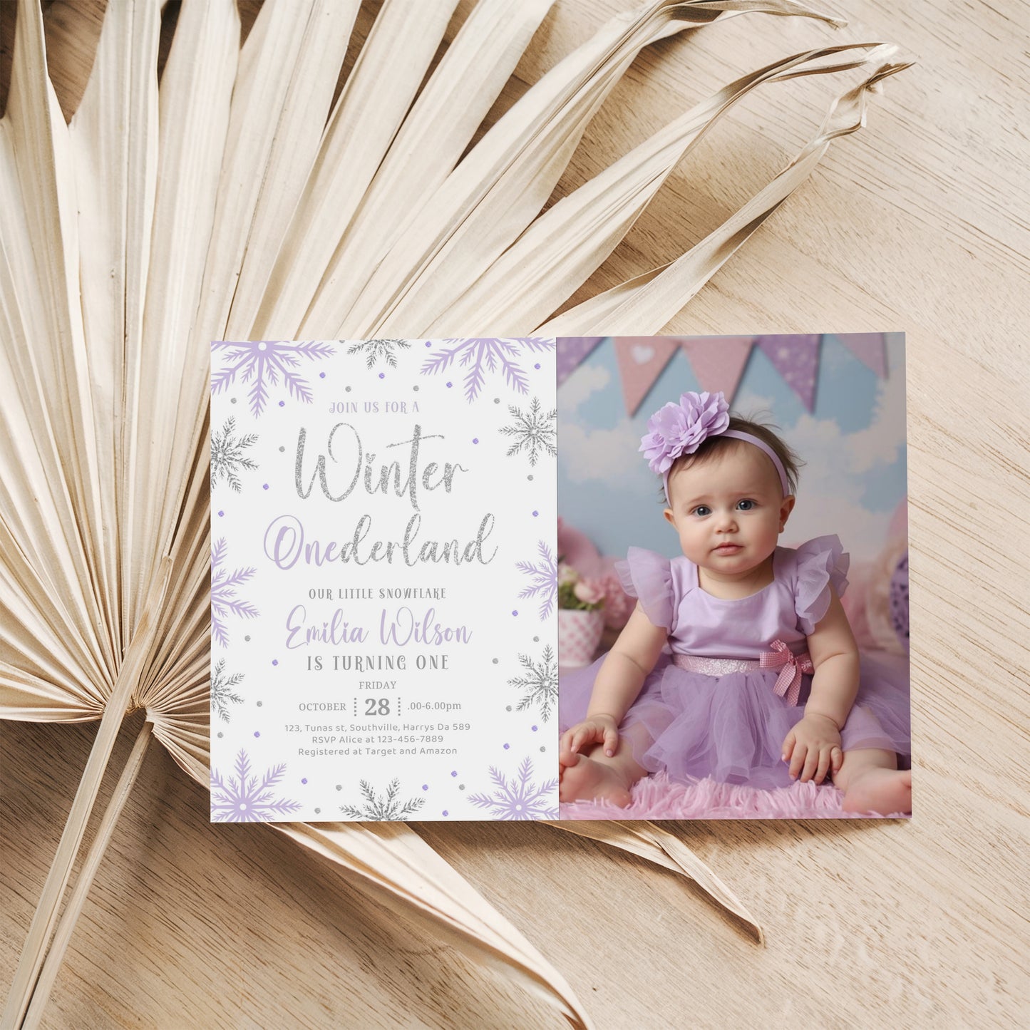 Editable Winter Onederland Purple Invitation, Girl Snowflake First Birthday Purple Silver Winter Wonderland Invites 1st Birthday Template Download 0668