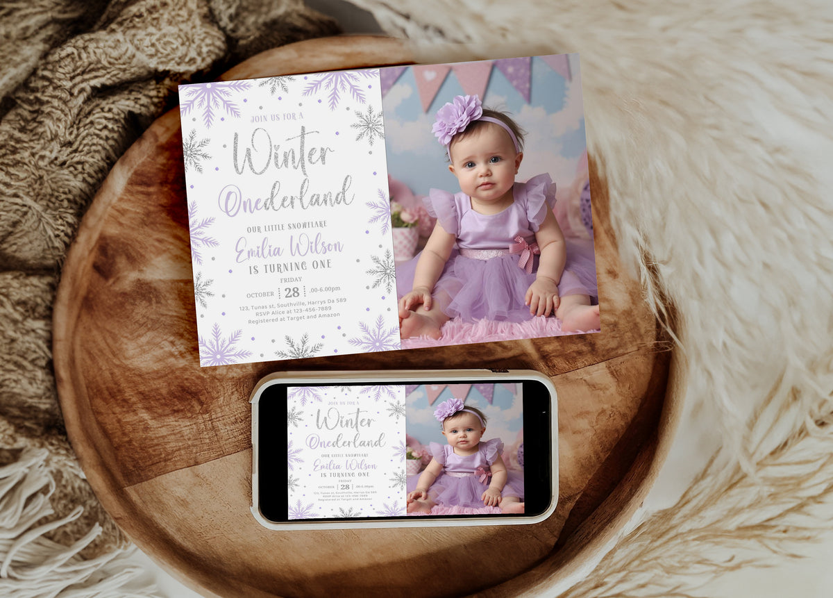 Editable Winter Onederland Purple Invitation, Girl Snowflake First Birthday Purple Silver Winter Wonderland Invites 1st Birthday Template Download 0668