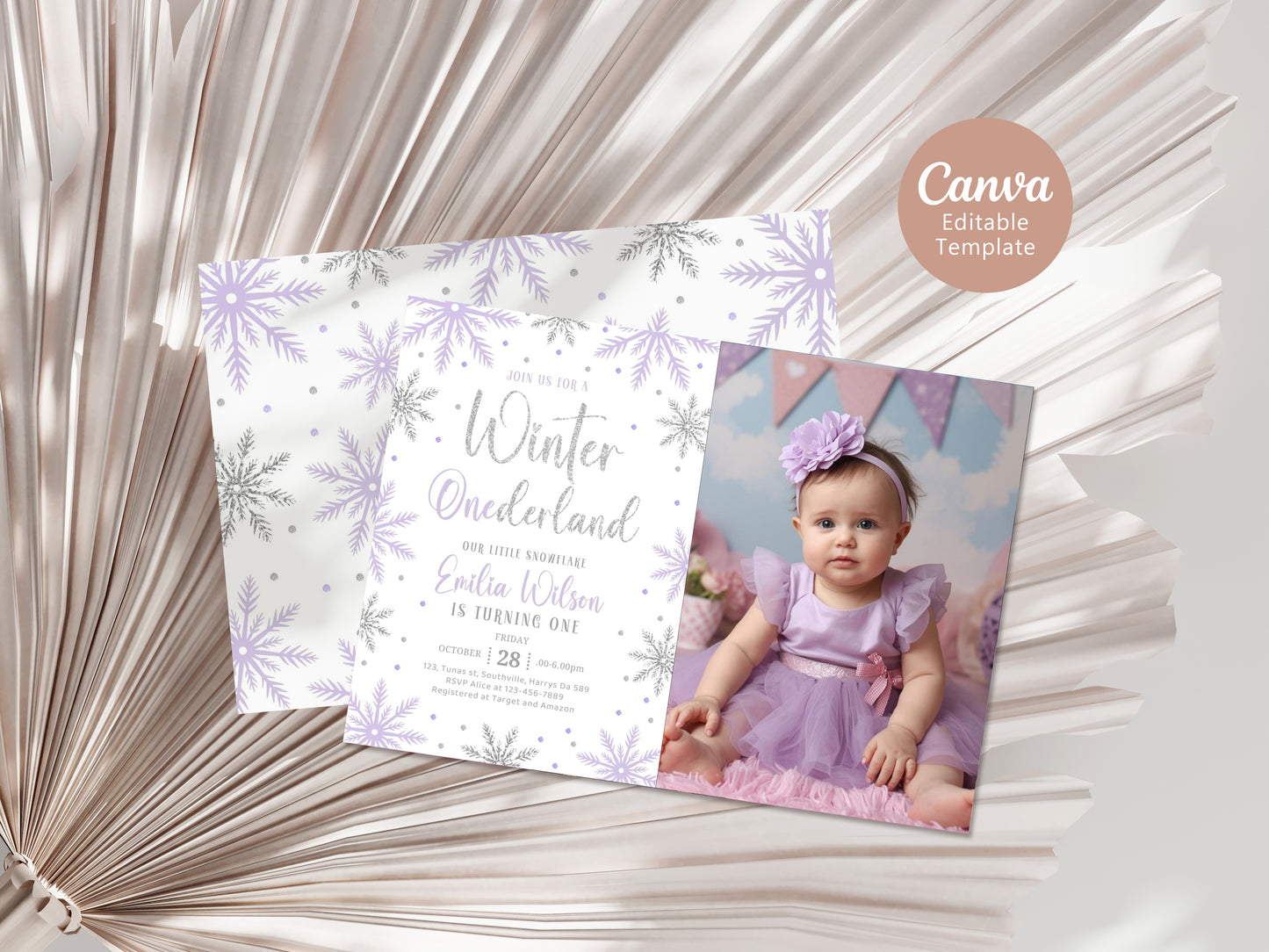 Editable Winter Onederland Purple Invitation, Girl Snowflake First Birthday Purple Silver Winter Wonderland Invites 1st Birthday Template Download 0668
