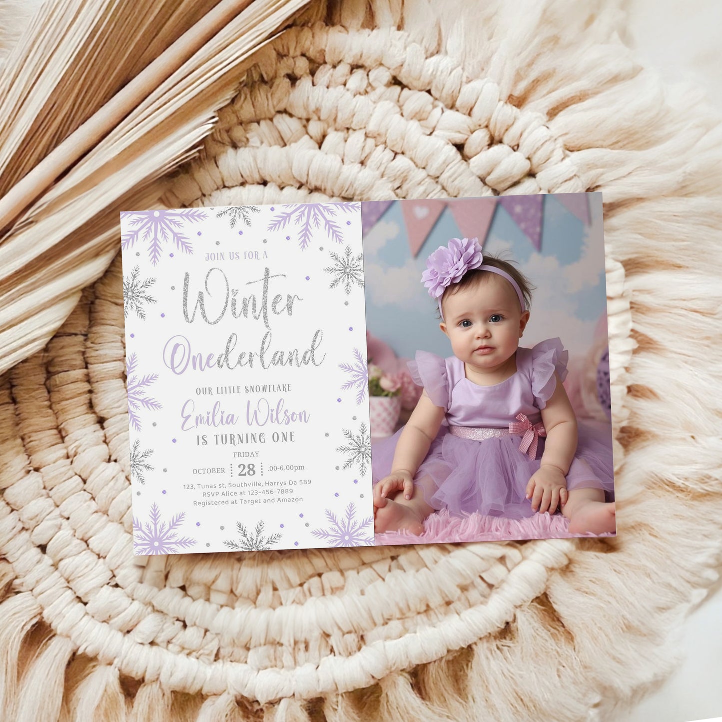 Editable Winter Onederland Purple Invitation, Girl Snowflake First Birthday Purple Silver Winter Wonderland Invites 1st Birthday Template Download 0668