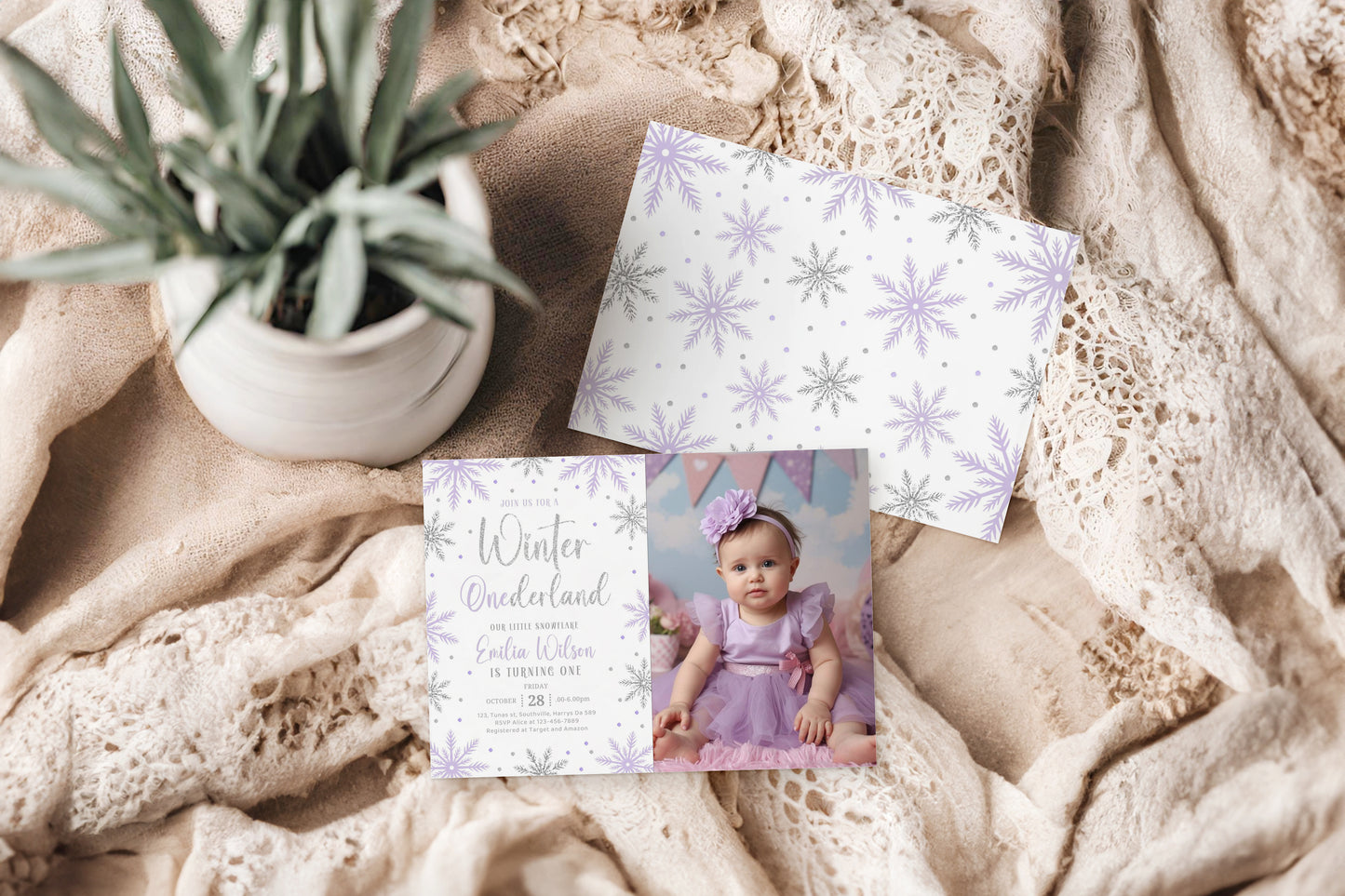 Editable Winter Onederland Purple Invitation, Girl Snowflake First Birthday Purple Silver Winter Wonderland Invites 1st Birthday Template Download 0668