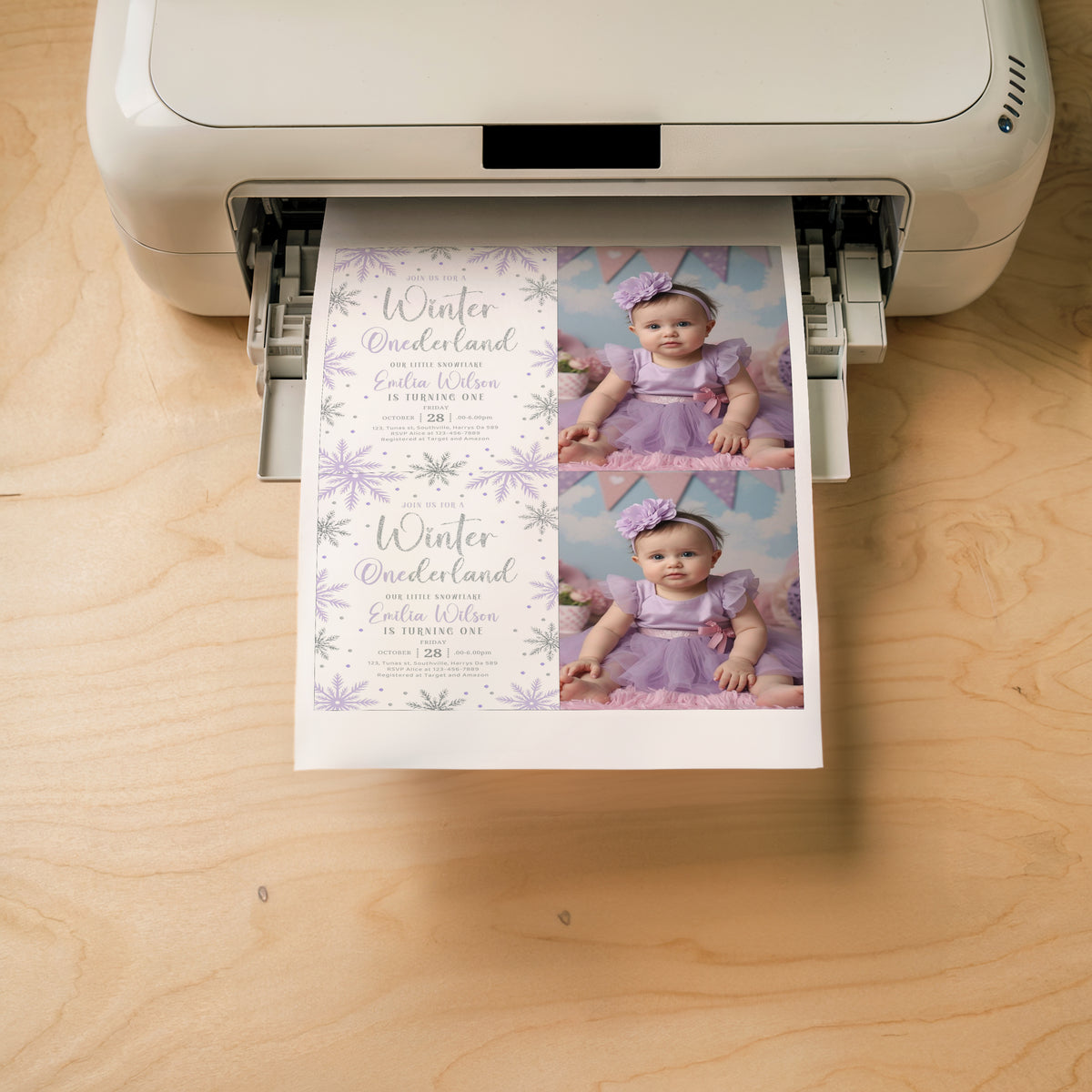 Editable Winter Onederland Purple Invitation, Girl Snowflake First Birthday Purple Silver Winter Wonderland Invites 1st Birthday Template Download 0668