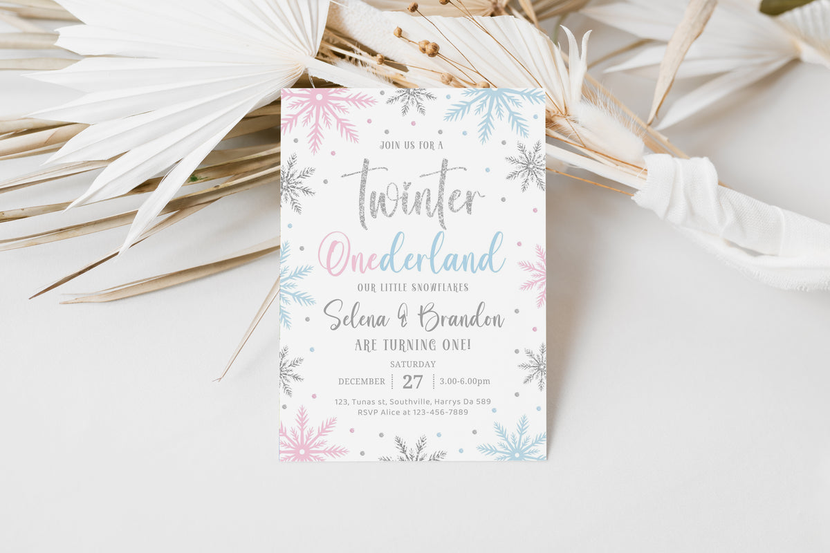Editable Winter Onederland Invitation, Girl Snowflake First Birthday Pink Silver Winter Wonderland Invites 1st Birthday Template Download 0656