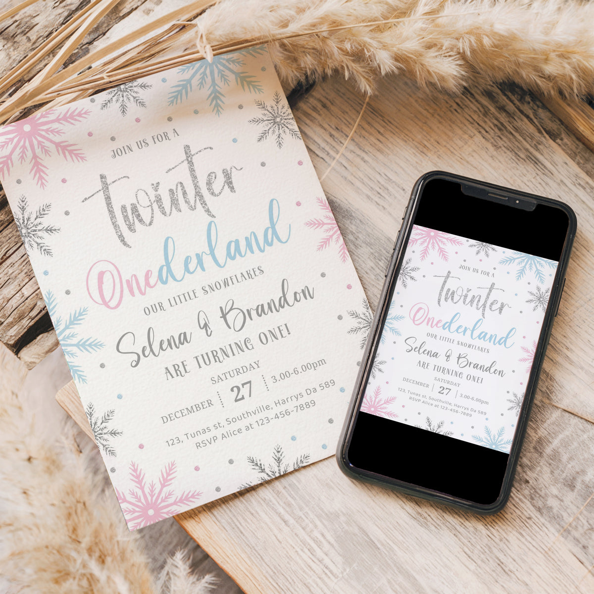 Editable Winter Onederland Invitation, Girl Snowflake First Birthday Pink Silver Winter Wonderland Invites 1st Birthday Template Download 0656