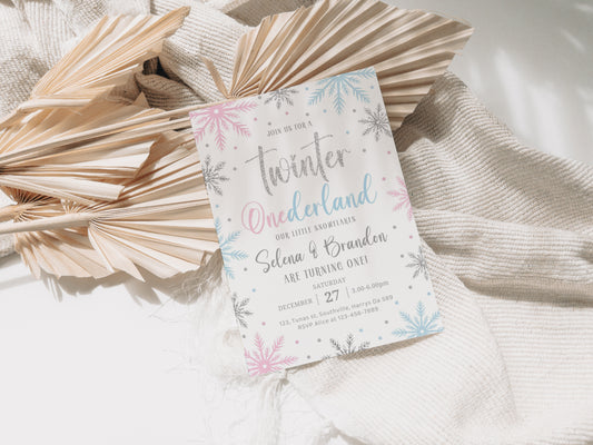 Editable Winter Onederland Invitation, Girl Snowflake First Birthday Pink Silver Winter Wonderland Invites 1st Birthday Template Download 0656
