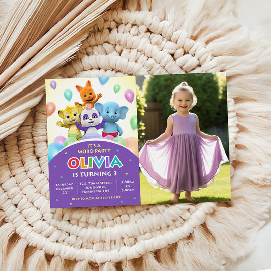 Word Party Photo Birthday Invitation Template, Printable Photo Invitation, Girl Birthday, Evite, Digital Invite, 0045