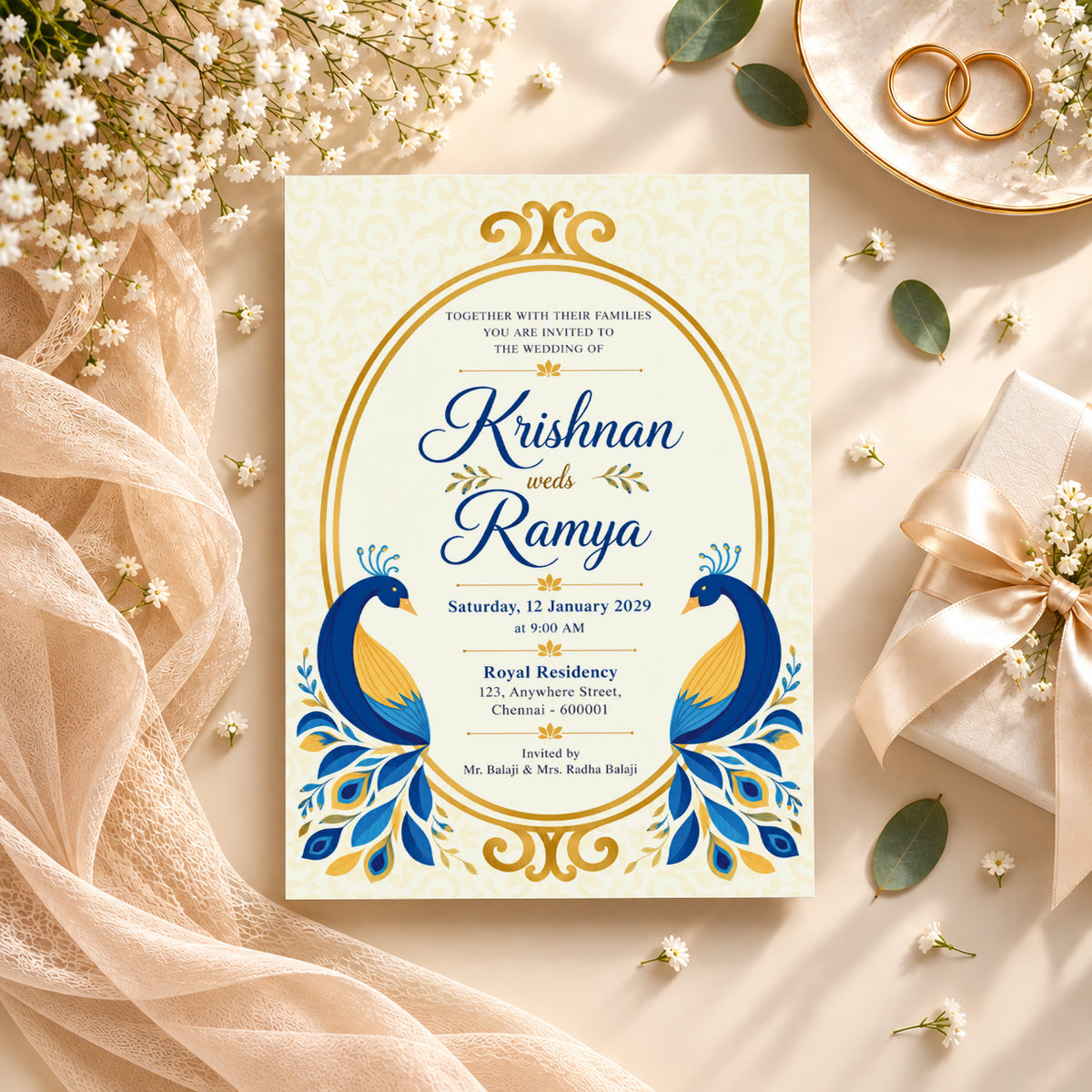 Yellow Peacock Wedding Invitation Card | Traditional Indian Wedding Design