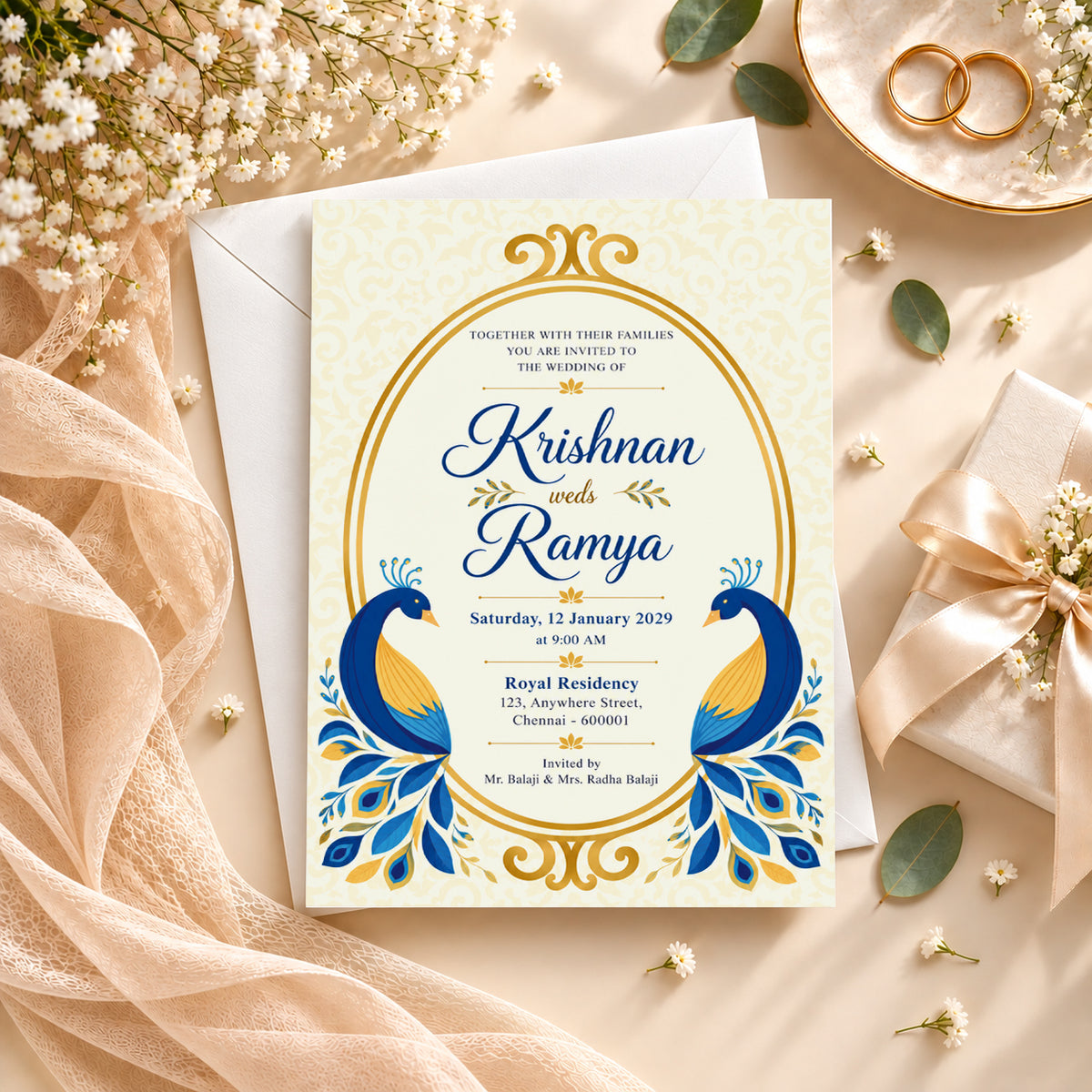 Yellow Peacock Wedding Invitation Card | Traditional Indian Wedding Design
