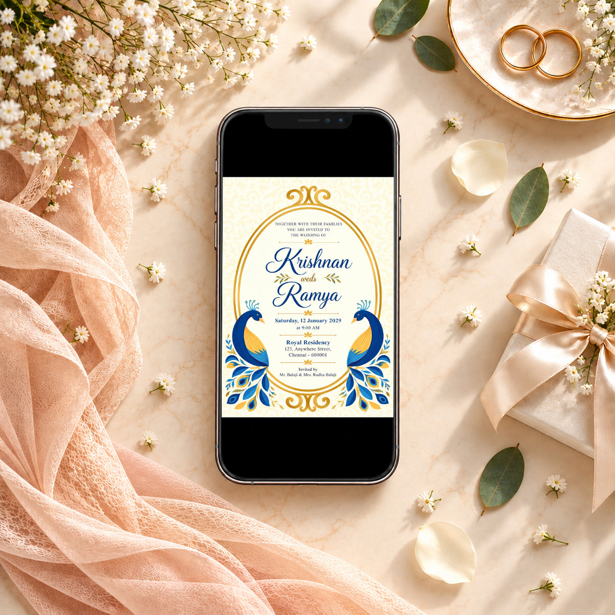 Yellow Peacock Wedding Invitation Card | Traditional Indian Wedding Design
