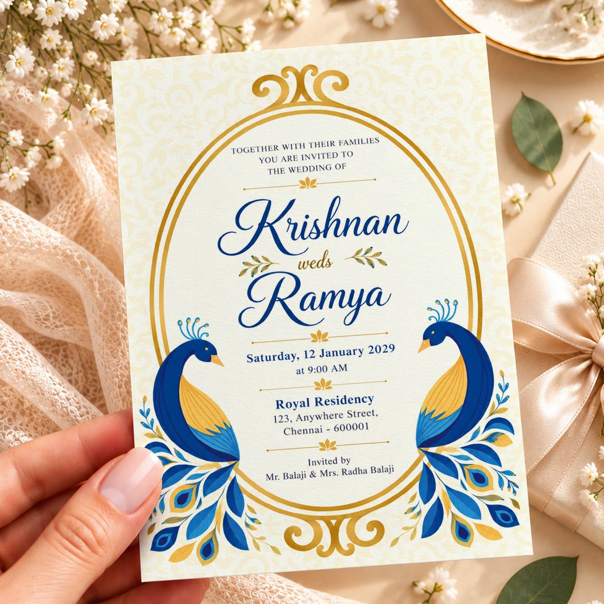 Yellow Peacock Wedding Invitation Card | Traditional Indian Wedding Design