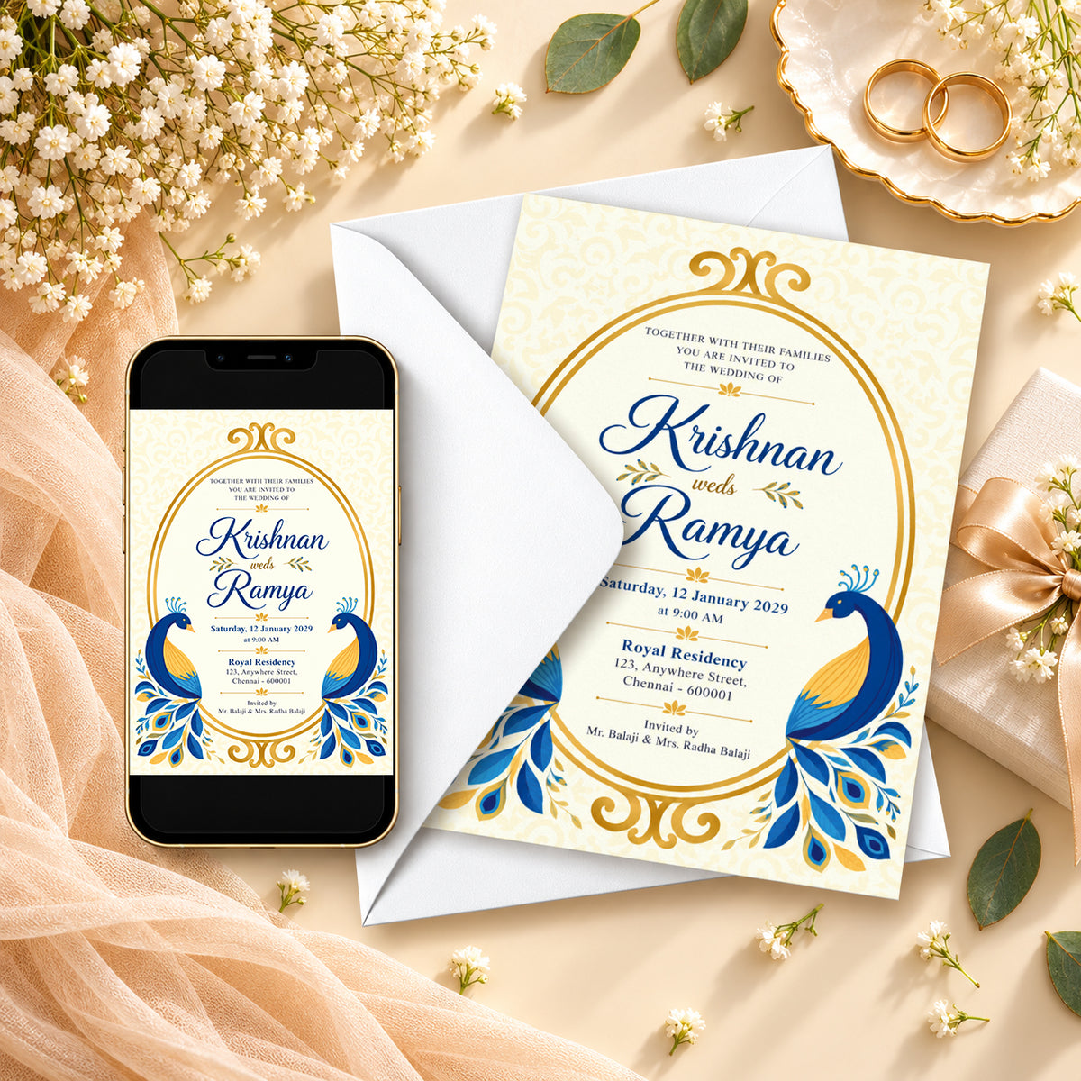 Yellow Peacock Wedding Invitation Card | Traditional Indian Wedding Design