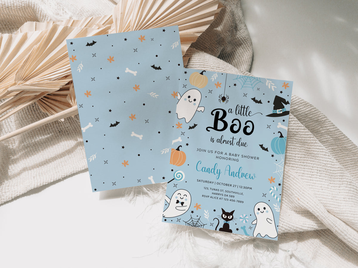 Editable Blue A Little Boo Baby Shower Invitation, Boy Halloween Baby Shower Invite, Ghost Halloween Baby Shower Invite Printable, 0375