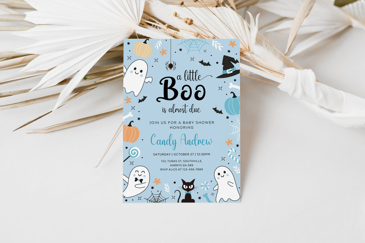 Editable Blue A Little Boo Baby Shower Invitation, Boy Halloween Baby Shower Invite, Ghost Halloween Baby Shower Invite Printable, 0375