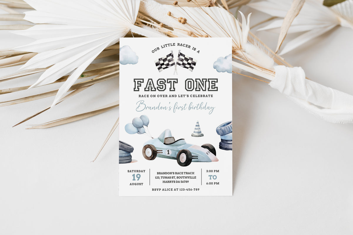 Fast One Racing Car First Birthday Invitation 1st Birthday Invitation Vintage Racecar Invite Printable Template Instant Download 0465