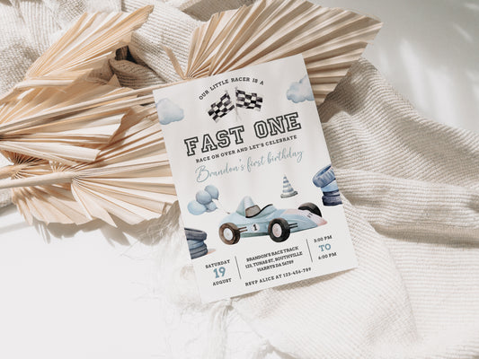 Fast One Racing Car First Birthday Invitation 1st Birthday Invitation Vintage Racecar Invite Printable Template Instant Download 0465