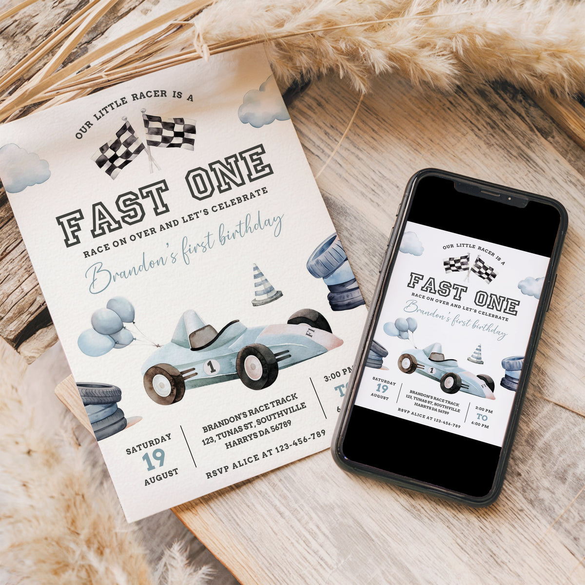 Fast One Racing Car First Birthday Invitation 1st Birthday Invitation Vintage Racecar Invite Printable Template Instant Download 0465
