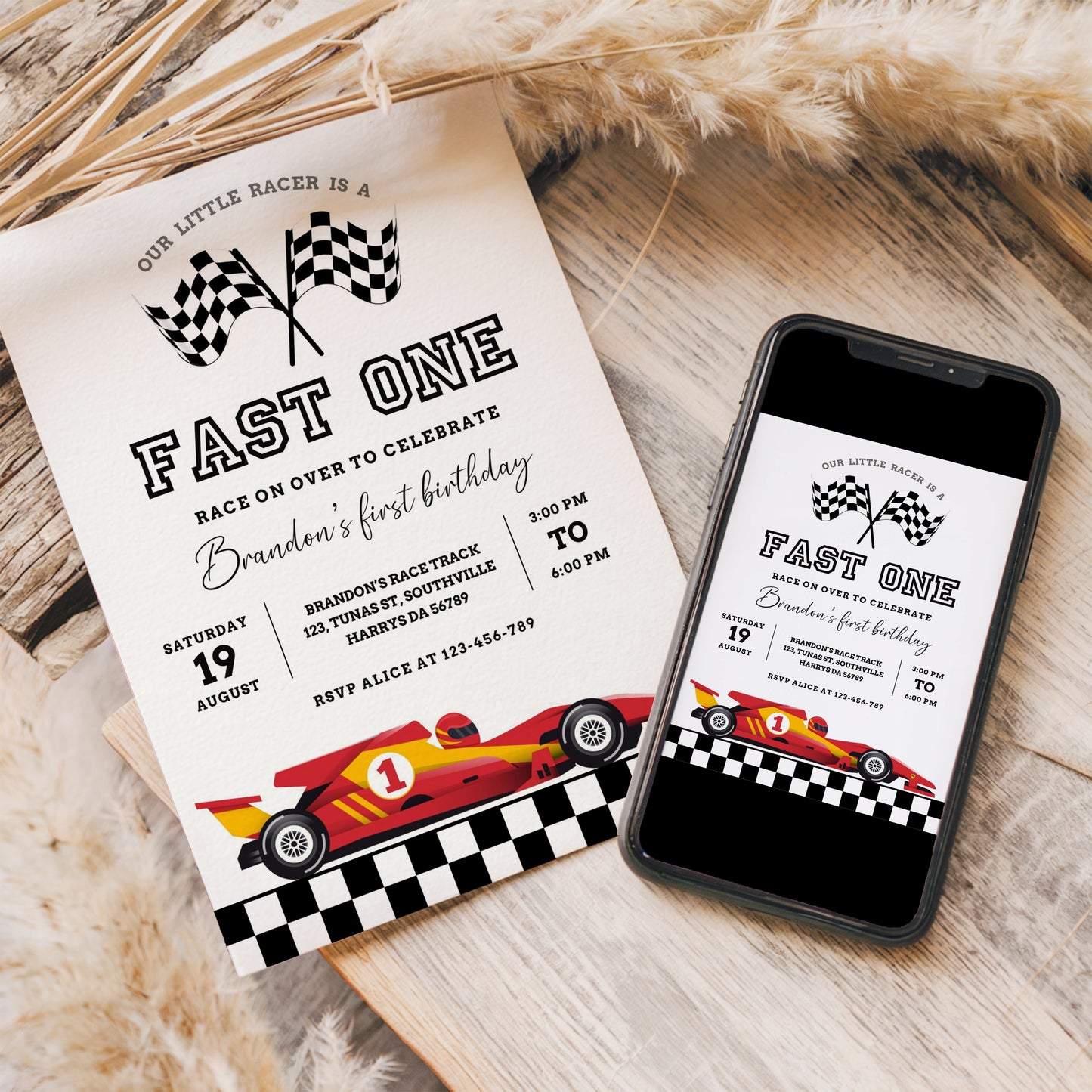 Fast One Racing Car First Birthday Invitation 1st Birthday Invitation Vintage Racecar Invite Printable Template Instant Download 0413