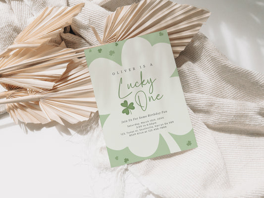 Lucky One First Birthday Invitation St Patrick's Day Shamrocks Four Leaf Clover 1st Birthday Party Printable Instant Download Template, B494