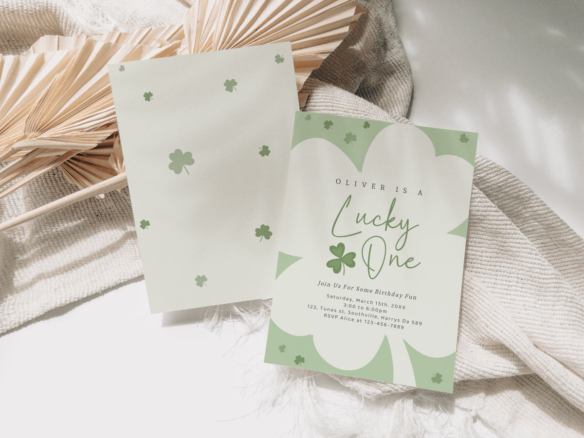 Lucky One First Birthday Invitation St Patrick's Day Shamrocks Four Leaf Clover 1st Birthday Party Printable Instant Download Template, B494