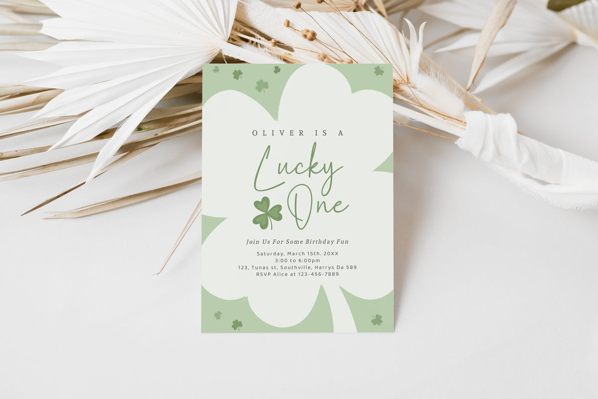 Lucky One First Birthday Invitation St Patrick's Day Shamrocks Four Leaf Clover 1st Birthday Party Printable Instant Download Template, B494