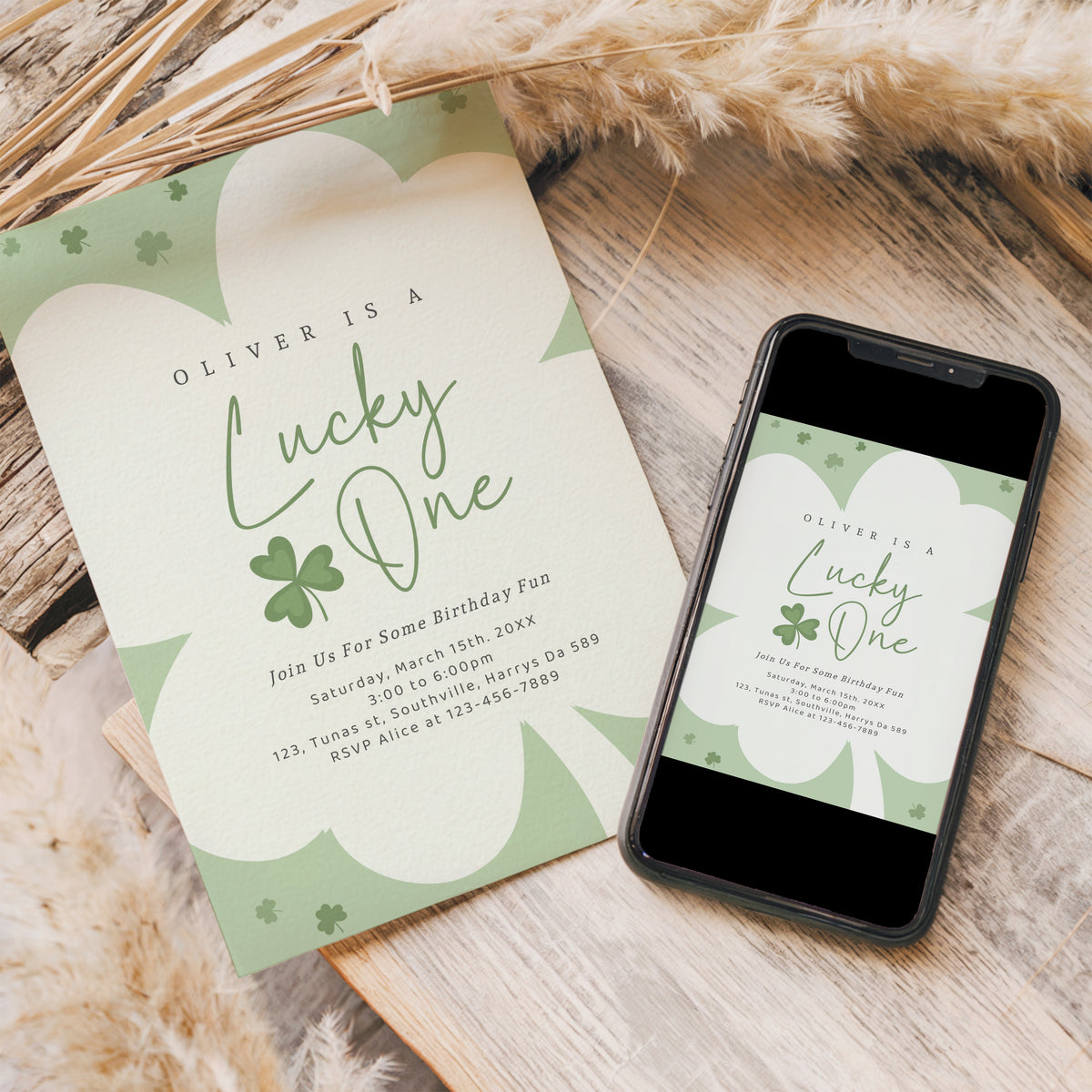 Lucky One First Birthday Invitation St Patrick's Day Shamrocks Four Leaf Clover 1st Birthday Party Printable Instant Download Template, B494