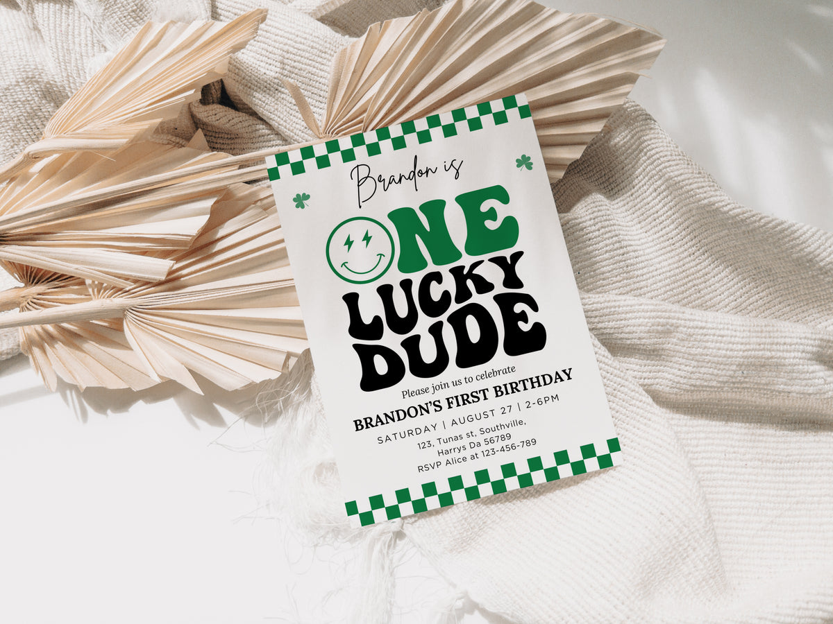 Groovy One Lucky Dude Invite, St Patrick's Boy 1st Birthday Invitation, Retro Checkered Smiley Face Birthday Party Editable Template, 0501