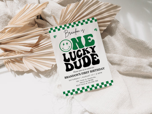 Groovy One Lucky Dude Invite, St Patrick's Boy 1st Birthday Invitation, Retro Checkered Smiley Face Birthday Party Editable Template, 0501