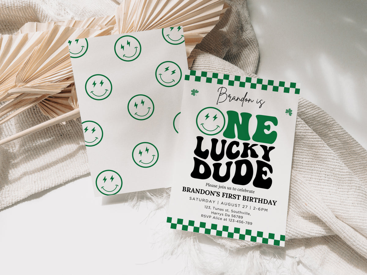 Groovy One Lucky Dude Invite, St Patrick's Boy 1st Birthday Invitation, Retro Checkered Smiley Face Birthday Party Editable Template, 0501