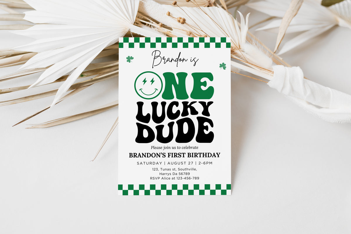 Groovy One Lucky Dude Invite, St Patrick's Boy 1st Birthday Invitation, Retro Checkered Smiley Face Birthday Party Editable Template, 0501