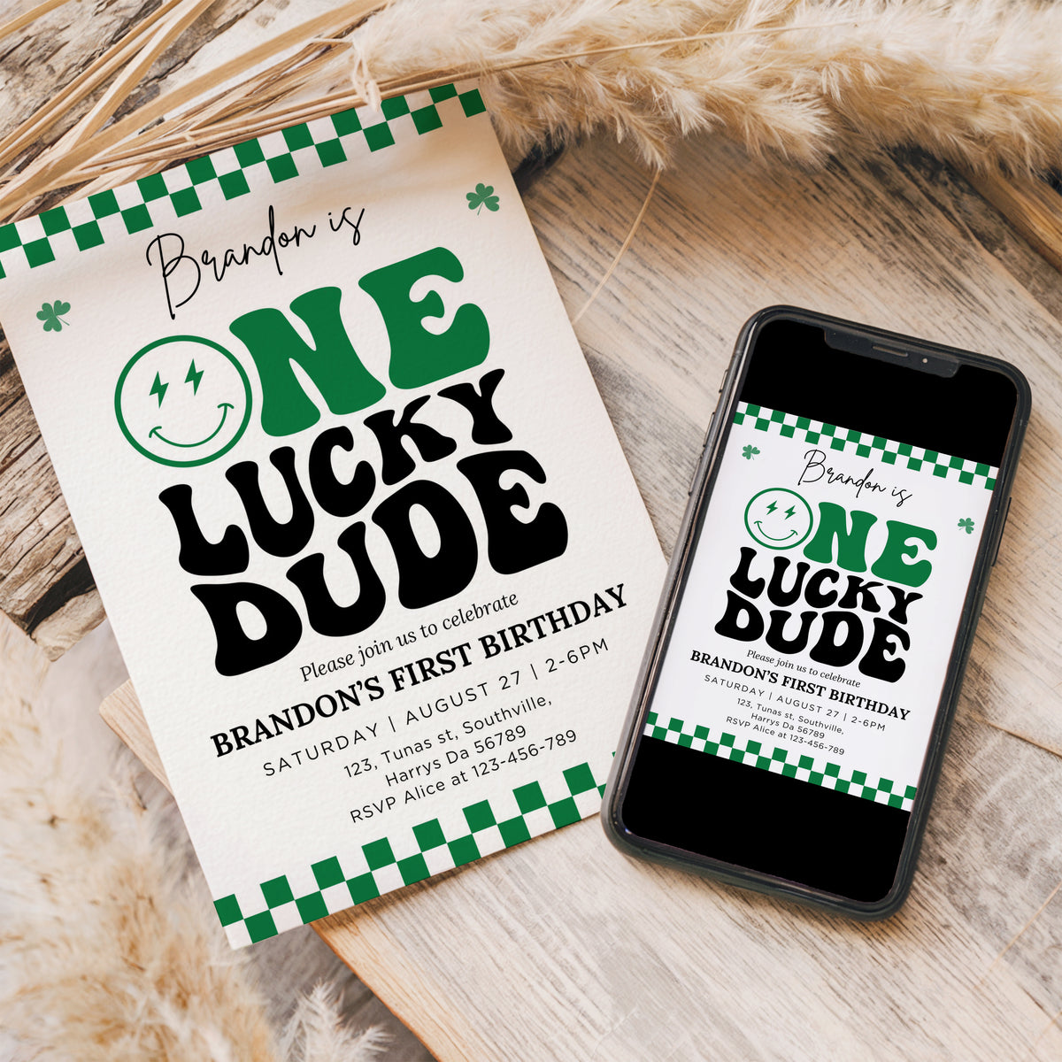 Groovy One Lucky Dude Invite, St Patrick's Boy 1st Birthday Invitation, Retro Checkered Smiley Face Birthday Party Editable Template, 0501