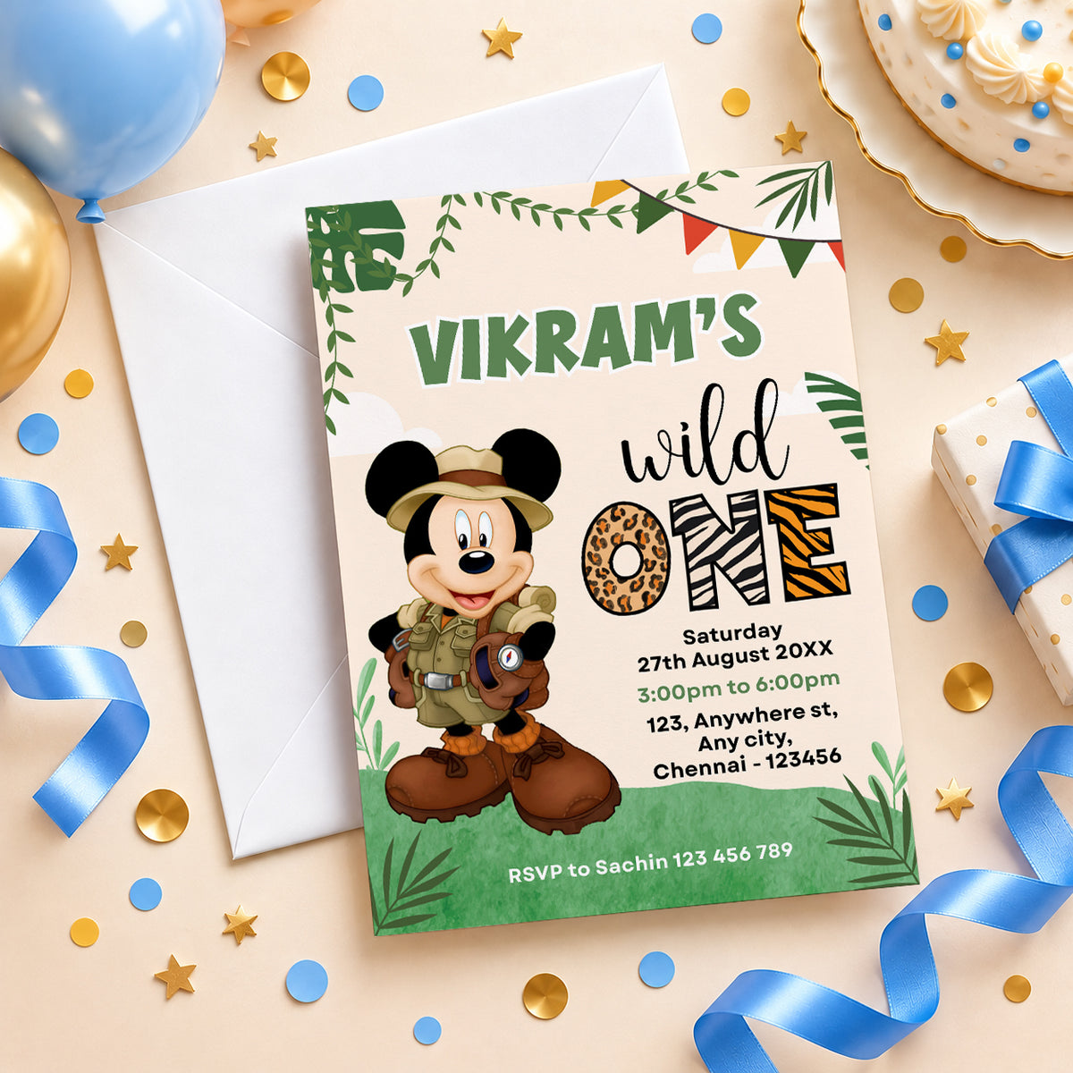 Mickey Safari 1st Birthday Invitation | Digital & Printed