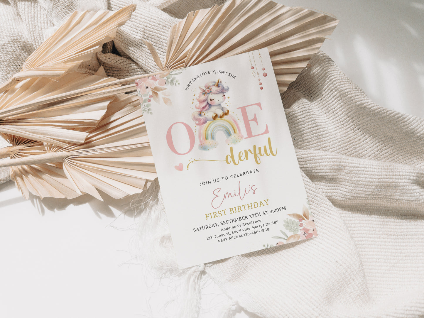 RAINBOW UNICORN 1st Birthday Invitation Editable Isnt she lovely Isnt she Onederful Invitation Digital Modern Rainbows and Unicorns, 0492