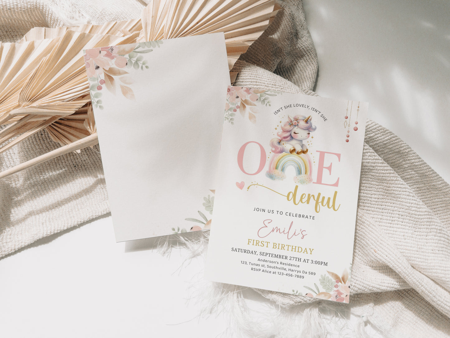 RAINBOW UNICORN 1st Birthday Invitation Editable Isnt she lovely Isnt she Onederful Invitation Digital Modern Rainbows and Unicorns, 0492