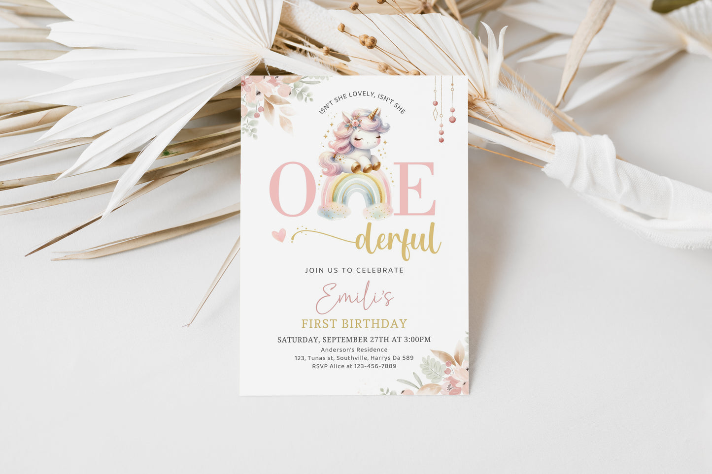 RAINBOW UNICORN 1st Birthday Invitation Editable Isnt she lovely Isnt she Onederful Invitation Digital Modern Rainbows and Unicorns, 0492