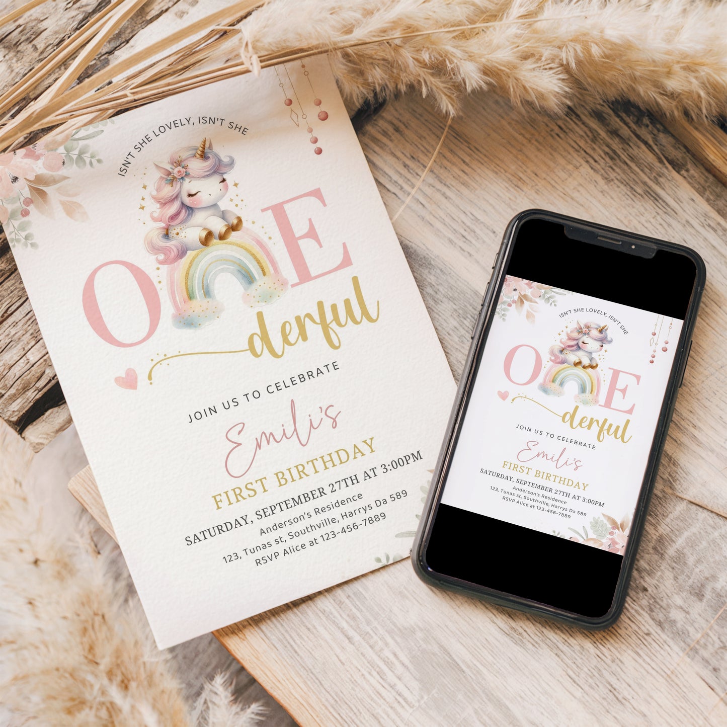 RAINBOW UNICORN 1st Birthday Invitation Editable Isnt she lovely Isnt she Onederful Invitation Digital Modern Rainbows and Unicorns, 0492