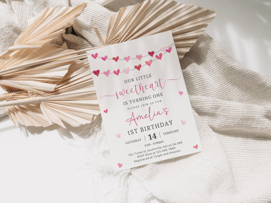Pink Hearts First Birthday Party Invitation Template, Our Little Sweetheart Valentine Invite, 5x7 Editable Template, Instant Download, 0478