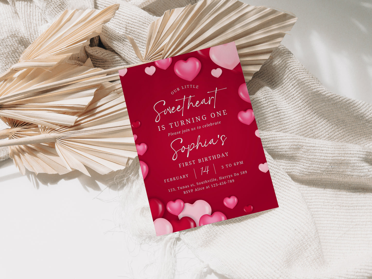 Valentine's First Birthday Invitation Template Pink Red Heart Birthday Invite Printable Editable Sweetheart Love Cute Little One, 0476