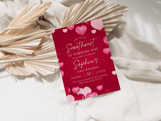 Valentine's First Birthday Invitation Template Pink Red Heart Birthday Invite Printable Editable Sweetheart Love Cute Little One, 0476