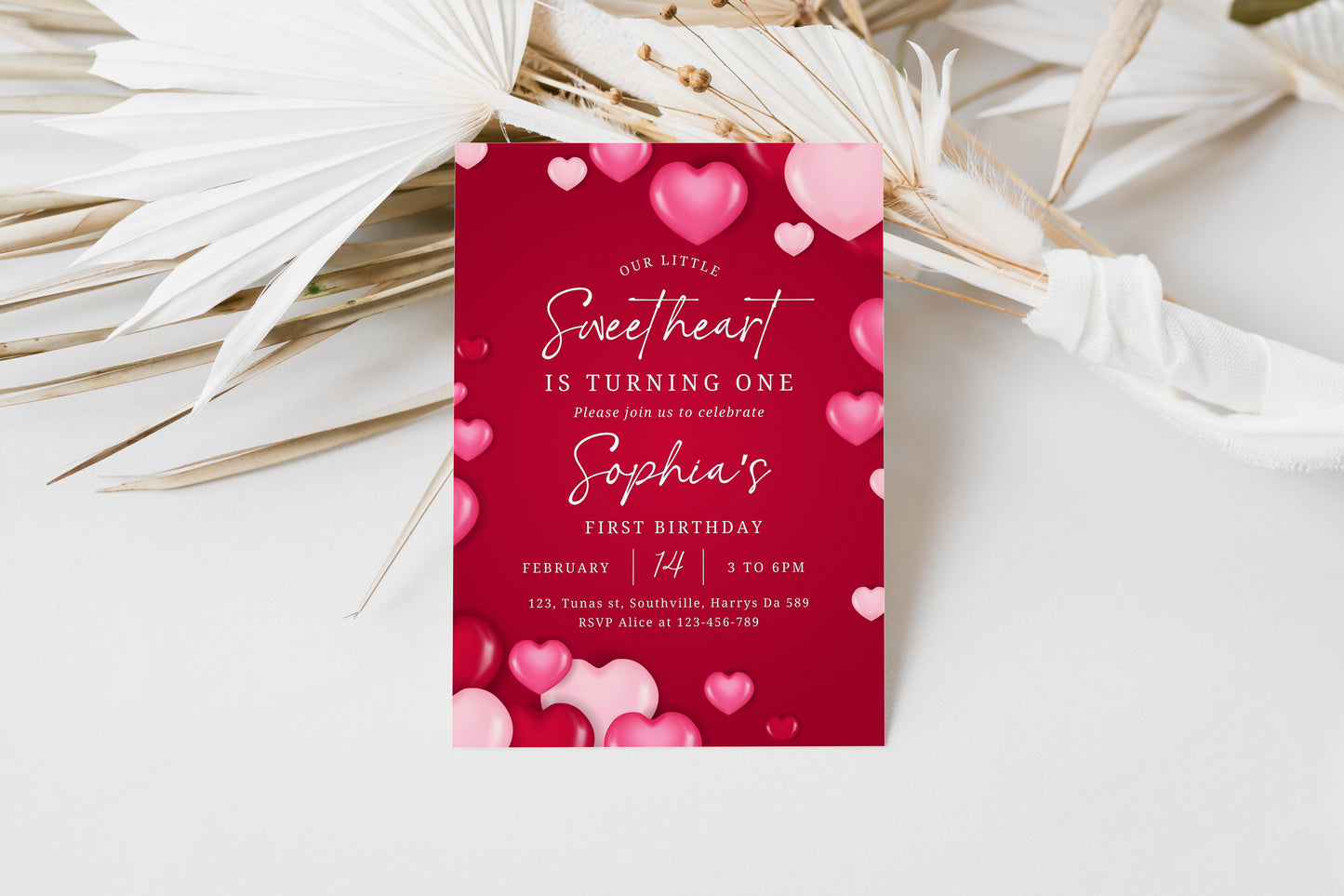 Valentine's First Birthday Invitation Template Pink Red Heart Birthday Invite Printable Editable Sweetheart Love Cute Little One, 0476