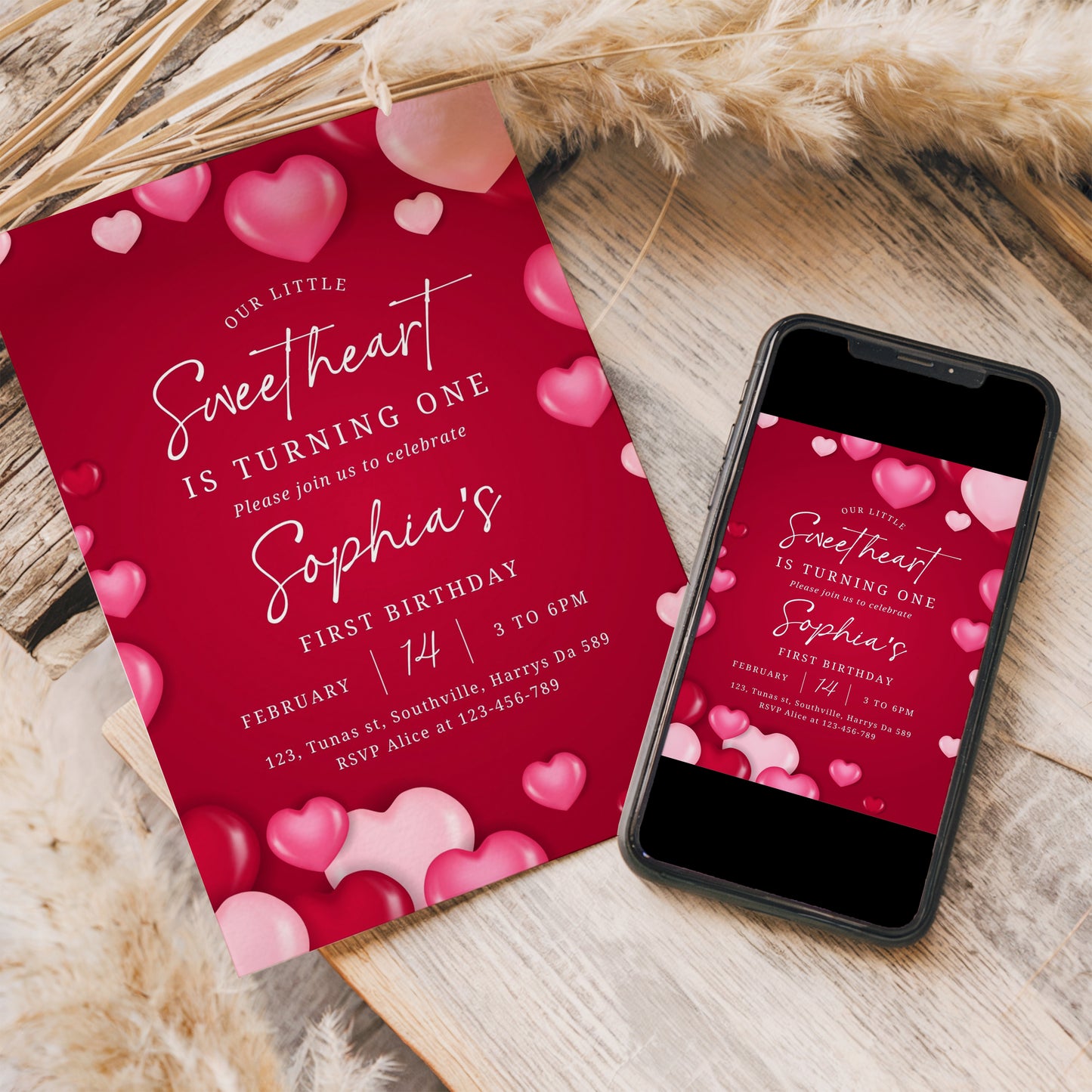 Valentine's First Birthday Invitation Template Pink Red Heart Birthday Invite Printable Editable Sweetheart Love Cute Little One, 0476