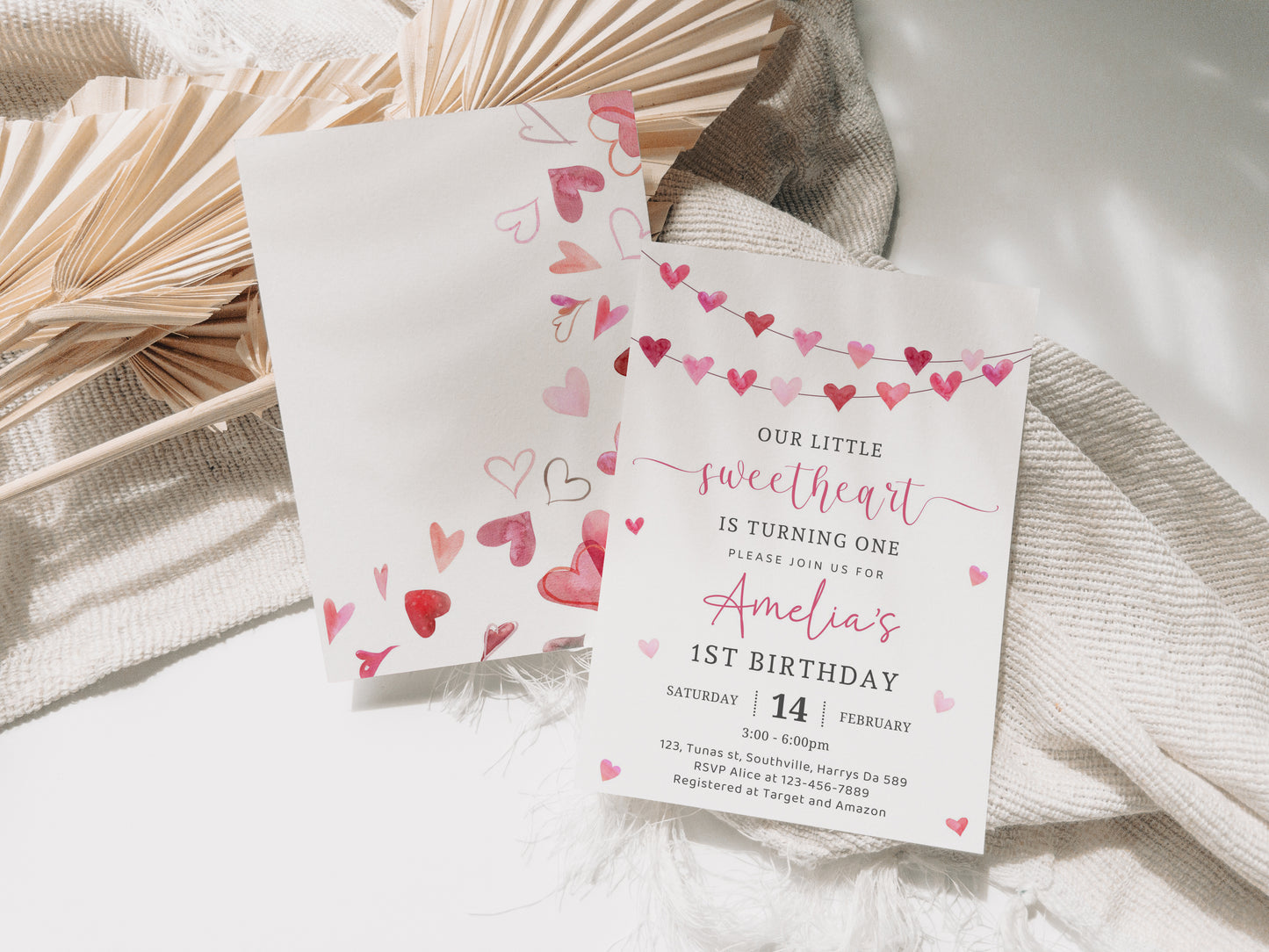 Pink Hearts First Birthday Party Invitation Template, Our Little Sweetheart Valentine Invite, 5x7 Editable Template, Instant Download, 0478