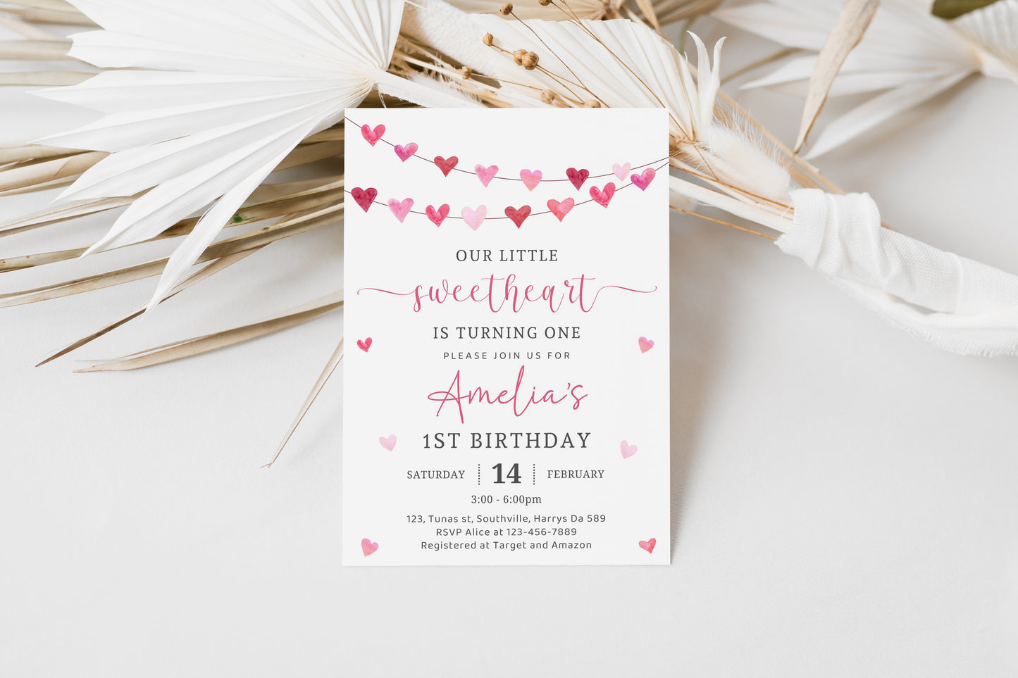 Pink Hearts First Birthday Party Invitation Template, Our Little Sweetheart Valentine Invite, 5x7 Editable Template, Instant Download, 0478