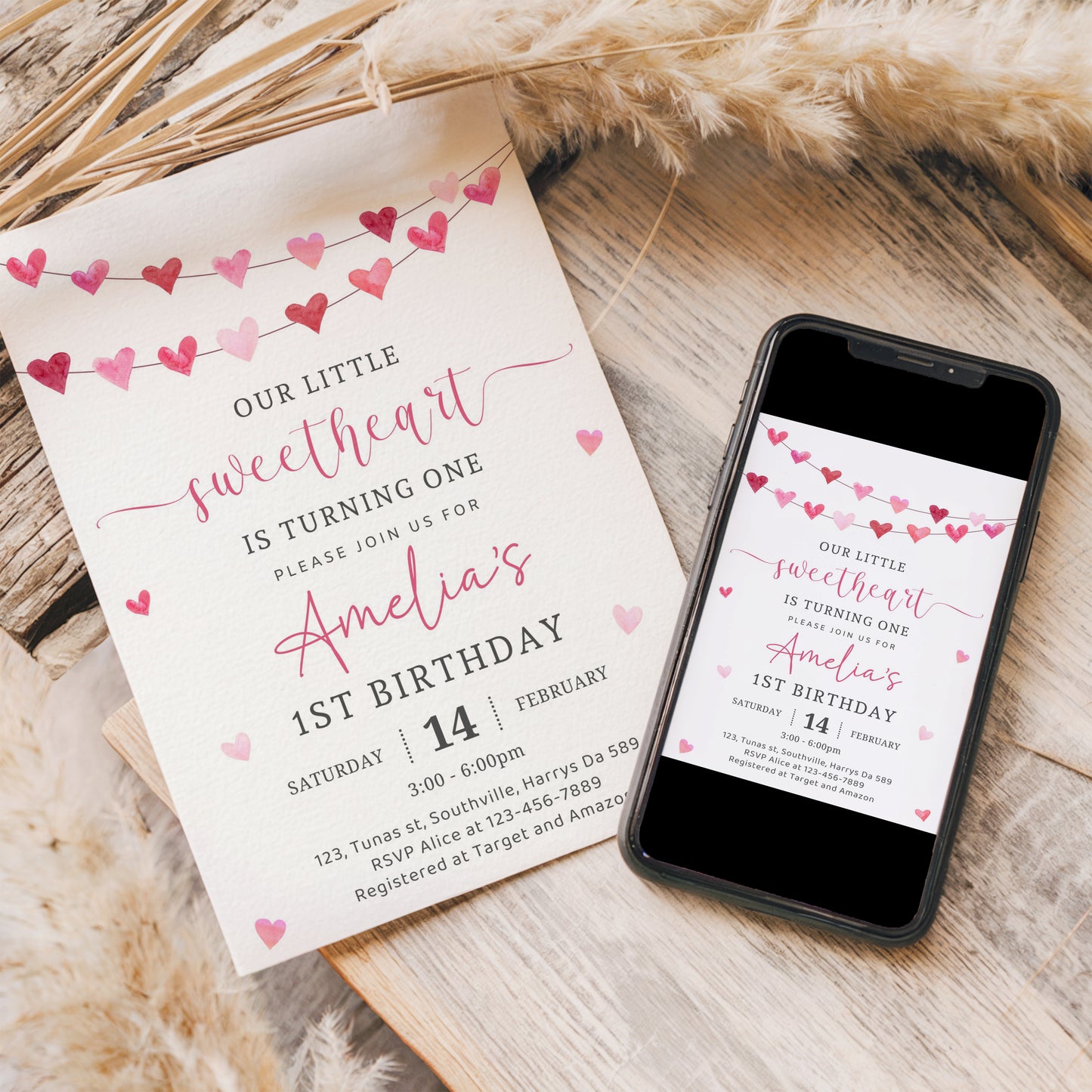 Pink Hearts First Birthday Party Invitation Template, Our Little Sweetheart Valentine Invite, 5x7 Editable Template, Instant Download, 0478