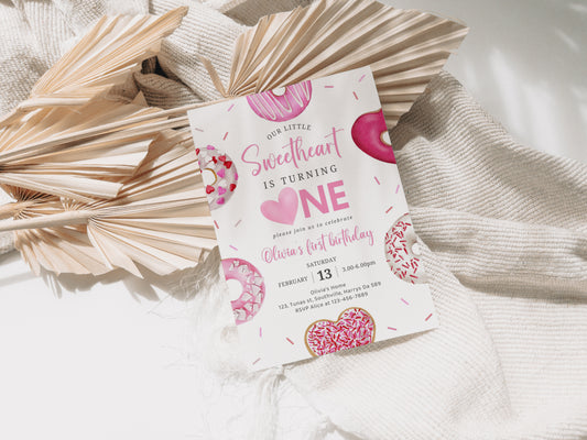 Pink Hearts First Birthday Party Invitation Template, Our Little Sweetheart Valentine Invite, 5x7 Editable Template, Instant Download, 0472