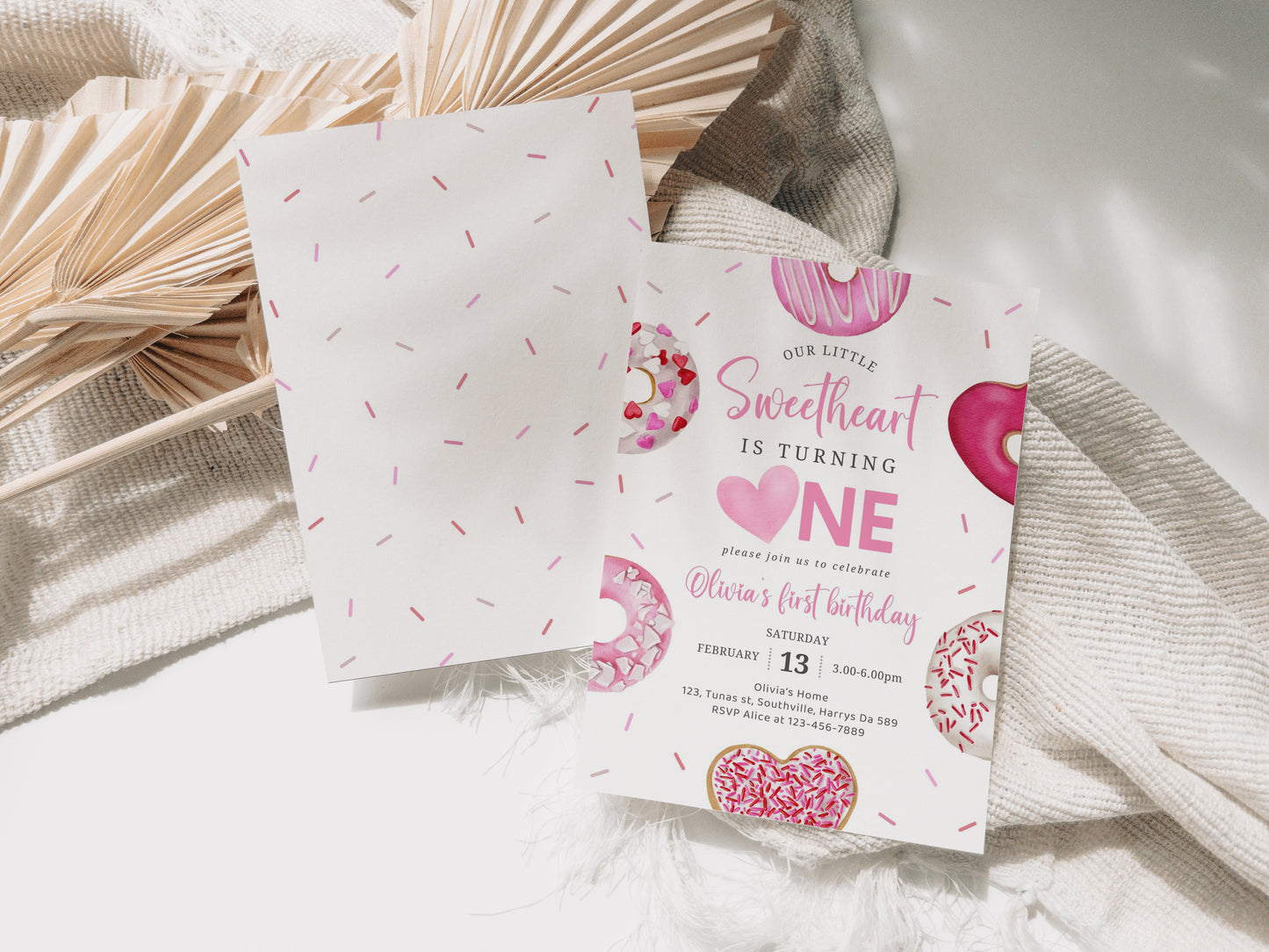 Pink Hearts First Birthday Party Invitation Template, Our Little Sweetheart Valentine Invite, 5x7 Editable Template, Instant Download, 0472