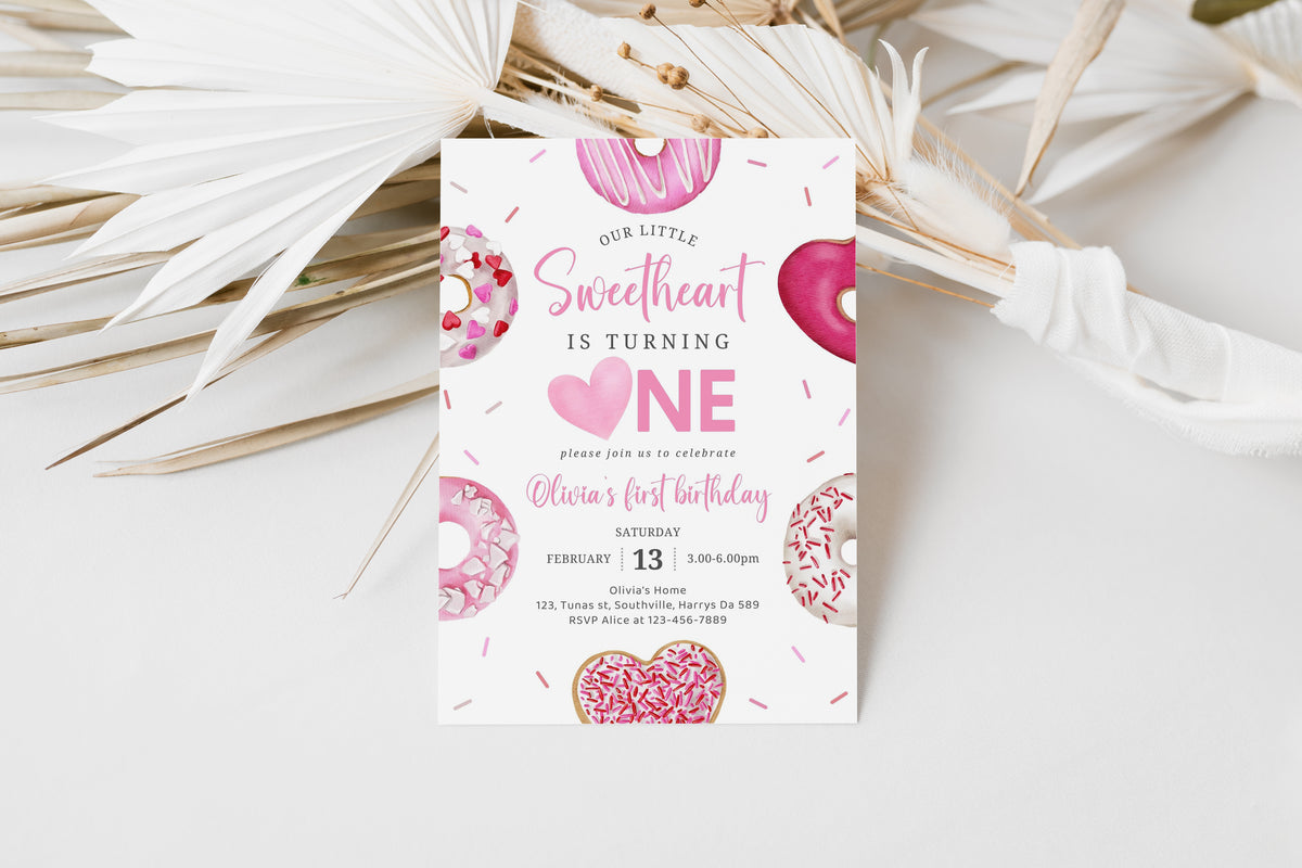 Pink Hearts First Birthday Party Invitation Template, Our Little Sweetheart Valentine Invite, 5x7 Editable Template, Instant Download, 0472