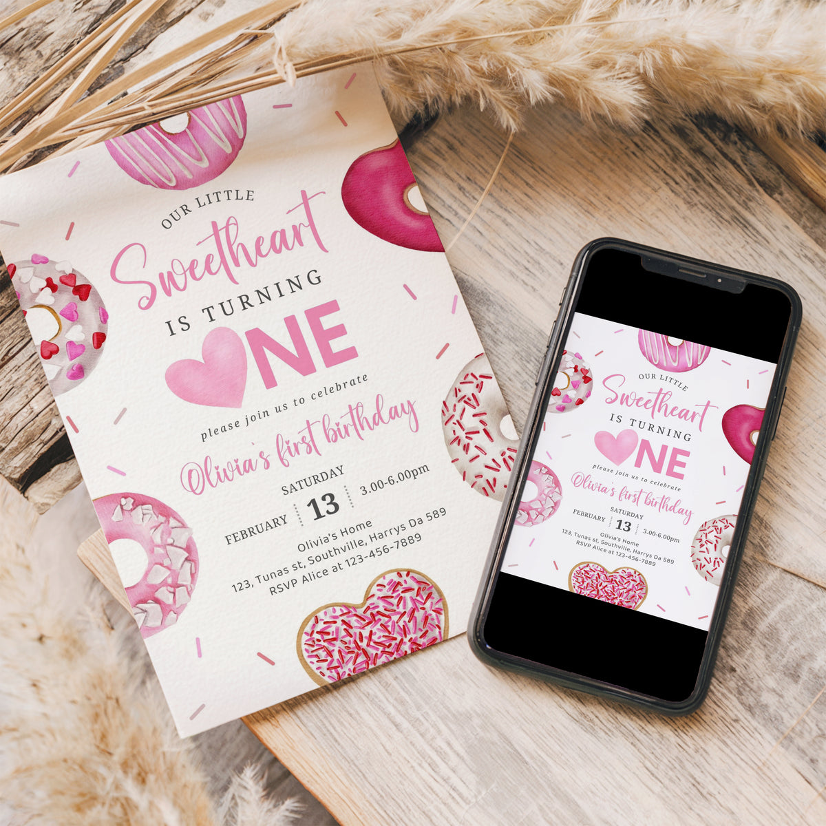 Pink Hearts First Birthday Party Invitation Template, Our Little Sweetheart Valentine Invite, 5x7 Editable Template, Instant Download, 0472
