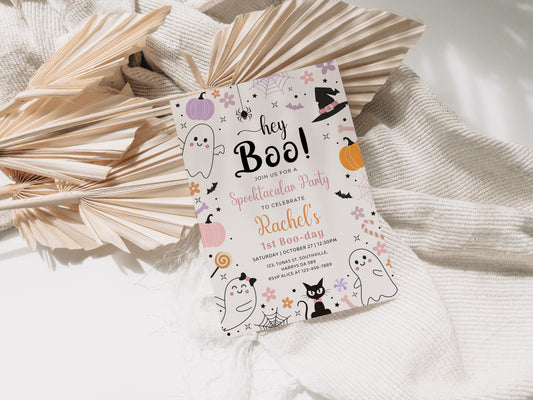 Halloween Ghost Birthday Invitation Hey Boo Ghost Party Spooktacular Halloween Party Girly Cute Editable Printable Download, Retro 0370