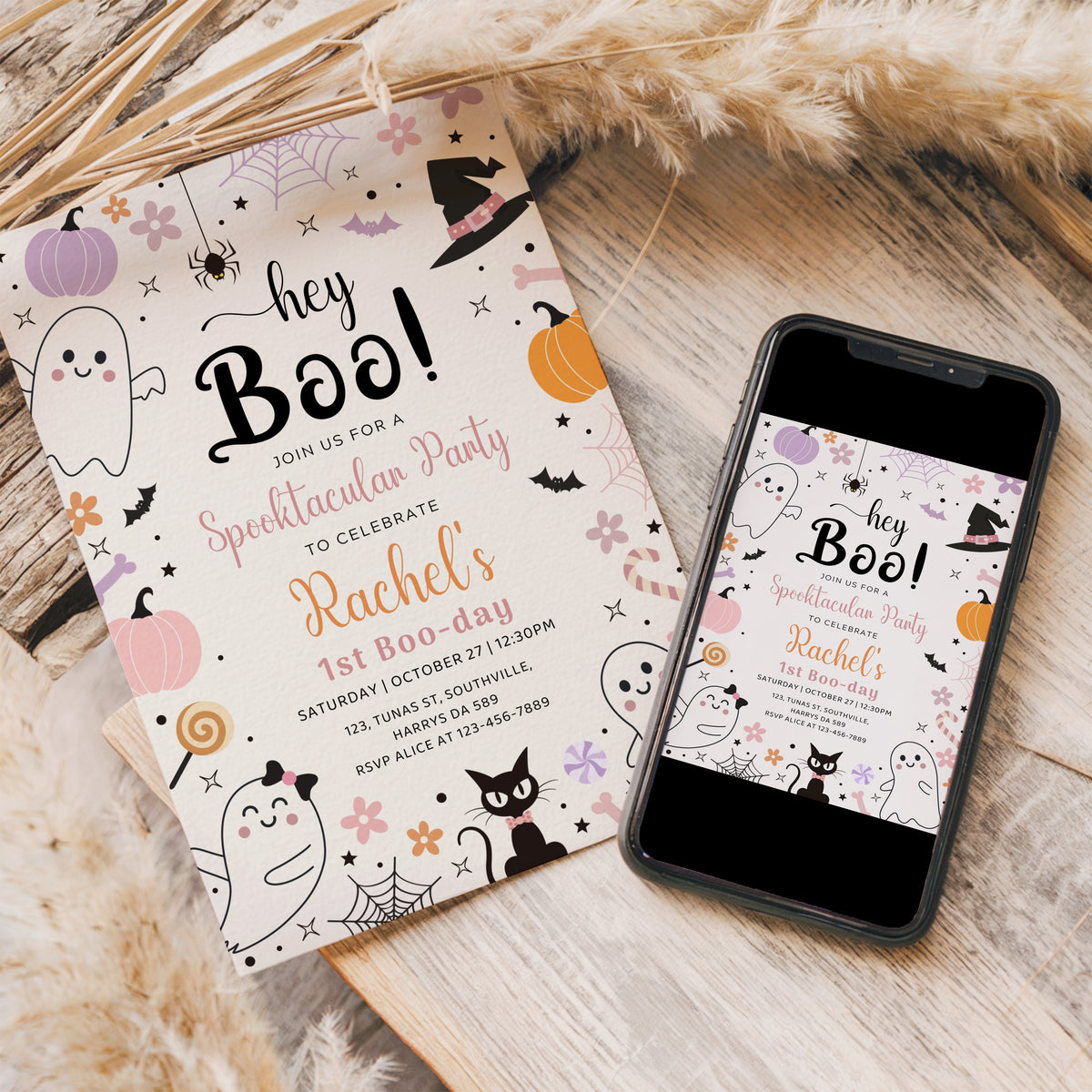 Halloween Ghost Birthday Invitation Hey Boo Ghost Party Spooktacular Halloween Party Girly Cute Editable Printable Download, Retro 0370