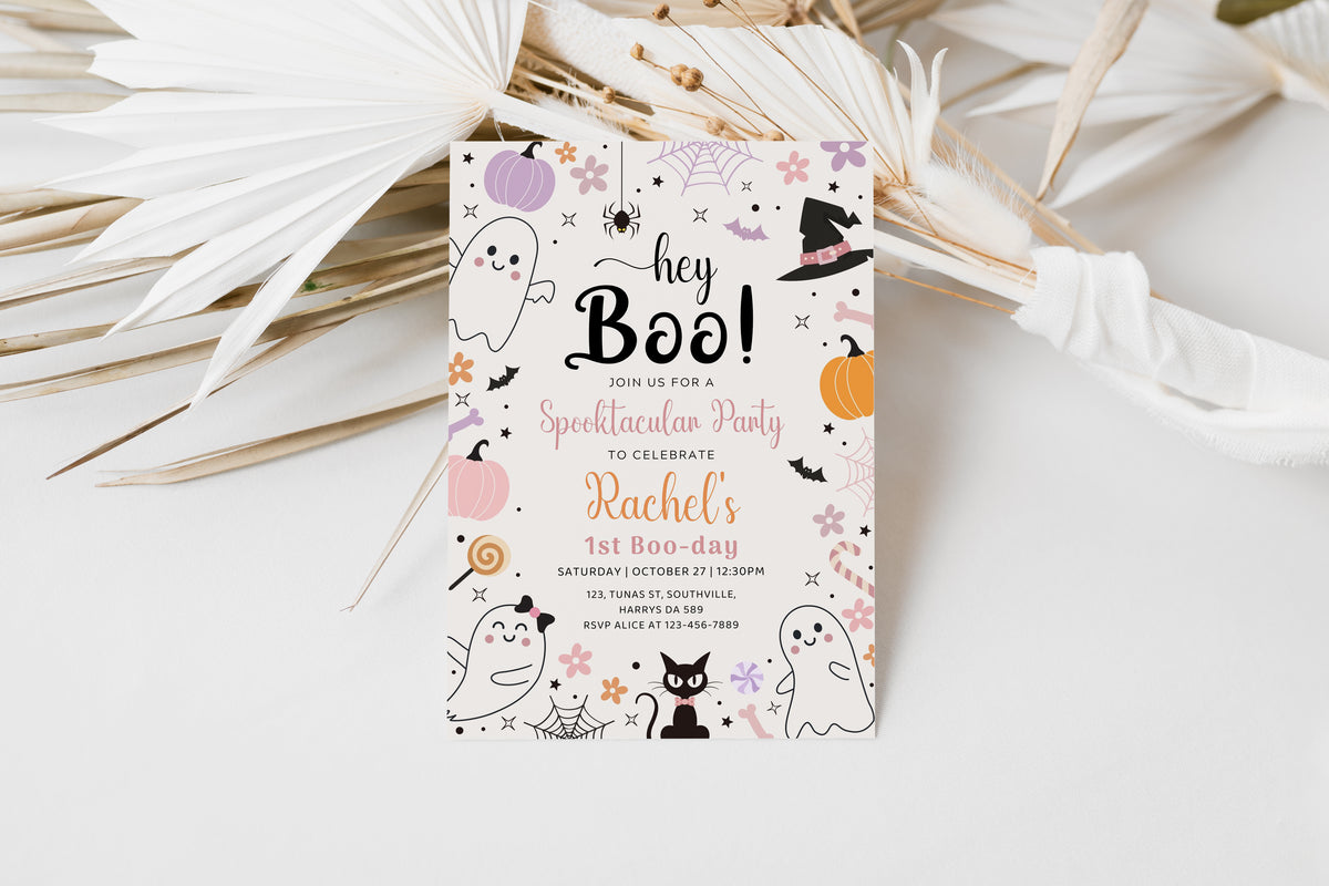 Halloween Ghost Birthday Invitation Hey Boo Ghost Party Spooktacular Halloween Party Girly Cute Editable Printable Download, Retro 0370